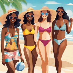 A high-quality digital illustration showcasing a group of fashionable women at a beach setting