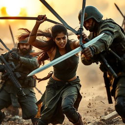A dynamic and action-packed scene featuring Nayanthara, a fierce and skilled warrior, engaging in an intense battle against soldiers