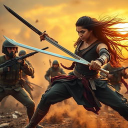 A dynamic and action-packed scene featuring Nayanthara, a fierce and skilled warrior, engaging in an intense battle against soldiers