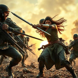 A dynamic and action-packed scene featuring Nayanthara, a fierce and skilled warrior, engaging in an intense battle against soldiers