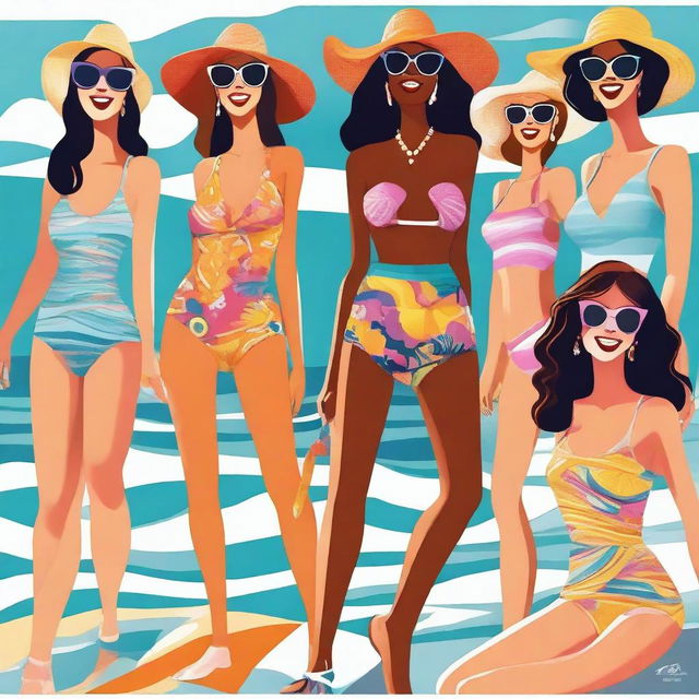 A high-quality digital illustration showcasing a group of fashionable women at a beach setting