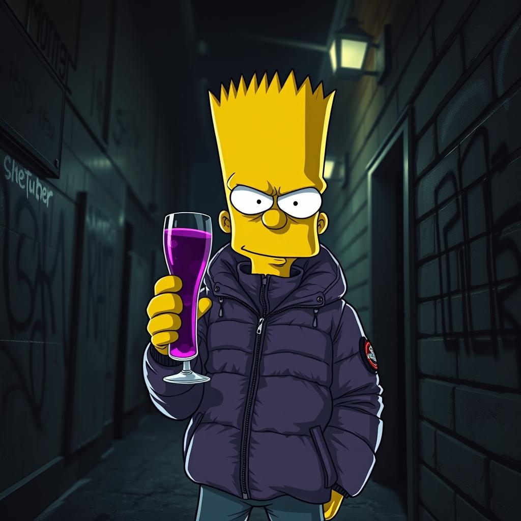 Bart Simpson wearing a Moncler jacket, holding a glass with purple drink in his hand