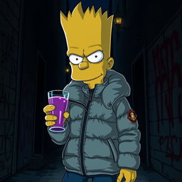 Bart Simpson wearing a Moncler jacket, holding a glass with purple drink in his hand