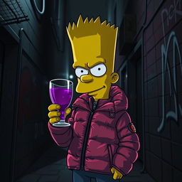Bart Simpson wearing a Moncler jacket, holding a glass with purple drink in his hand
