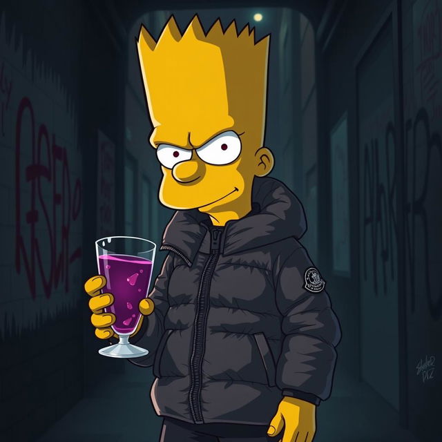 Bart Simpson wearing a Moncler jacket, holding a glass with purple drink in his hand