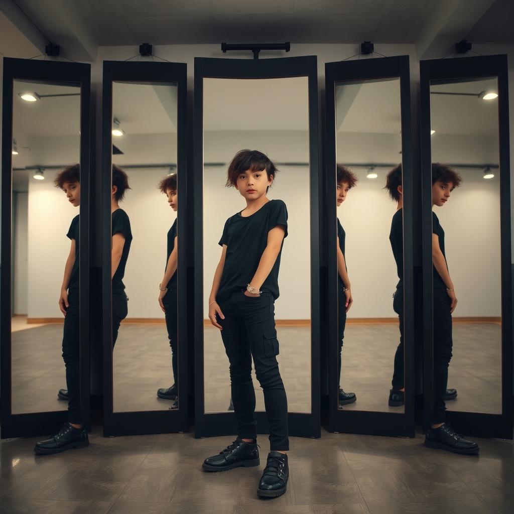 A smart teenager with a quirky personality, dressed in all black clothing and worn-out shoes, standing confidently in front of eight mirrors