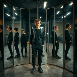 A smart teenager with a quirky personality, dressed in all black clothing and worn-out shoes, standing confidently in front of eight mirrors