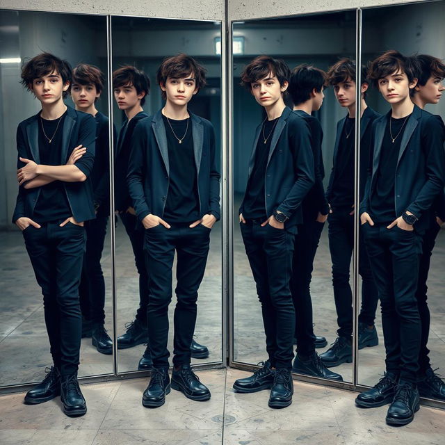 A smart teenager with a quirky personality, dressed in all black clothing and worn-out shoes, standing confidently in front of eight mirrors