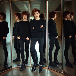 A smart teenager with a quirky personality, dressed in all black clothing and worn-out shoes, standing confidently in front of eight mirrors