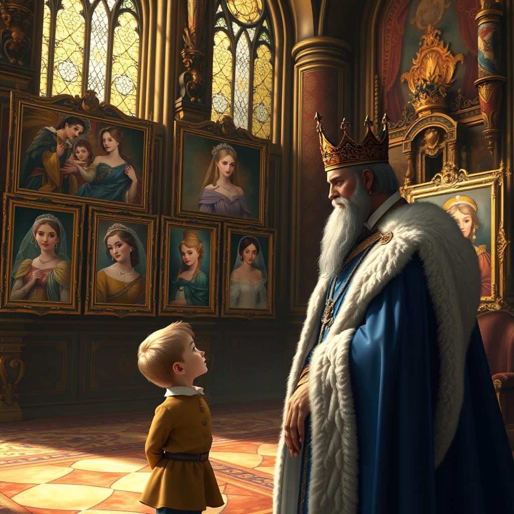 A grand castle interior with an elegant king, dressed in regal attire, presenting various portraits of beautiful princesses to his eager young heir