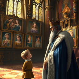 A grand castle interior with an elegant king, dressed in regal attire, presenting various portraits of beautiful princesses to his eager young heir