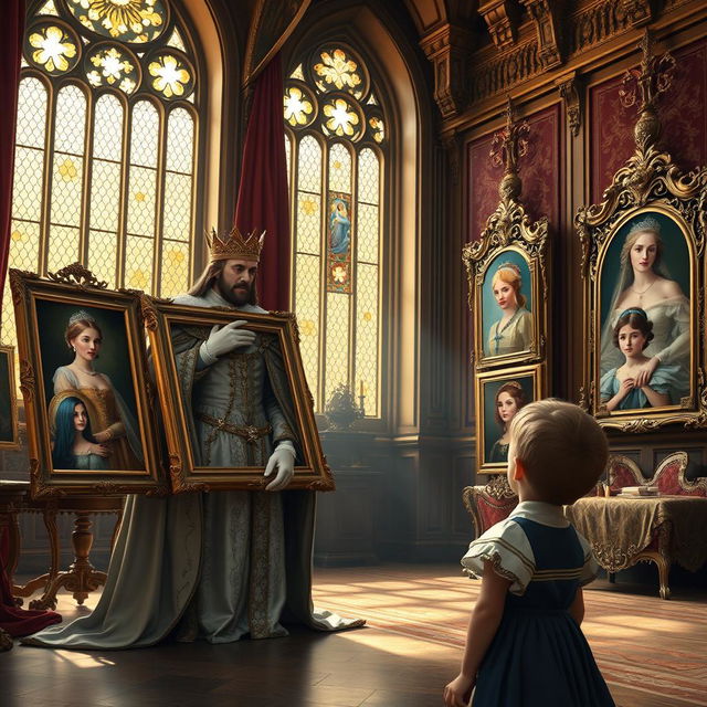 A grand castle interior with an elegant king, dressed in regal attire, presenting various portraits of beautiful princesses to his eager young heir