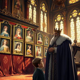 A grand castle interior with an elegant king, dressed in regal attire, presenting various portraits of beautiful princesses to his eager young heir