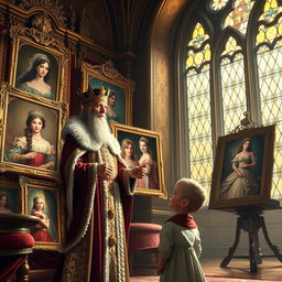 A grand castle interior with an elegant king, dressed in regal attire, presenting various portraits of beautiful princesses to his eager young heir