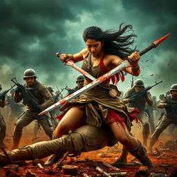 A visceral and intense battle scene featuring Nayanthara, a fierce warrior, engaged in a brutal fight against soldiers