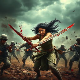 A visceral and intense battle scene featuring Nayanthara, a fierce warrior, engaged in a brutal fight against soldiers