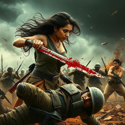 A visceral and intense battle scene featuring Nayanthara, a fierce warrior, engaged in a brutal fight against soldiers