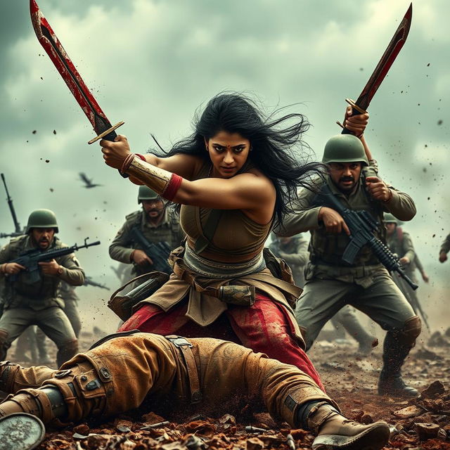 A visceral and intense battle scene featuring Nayanthara, a fierce warrior, engaged in a brutal fight against soldiers