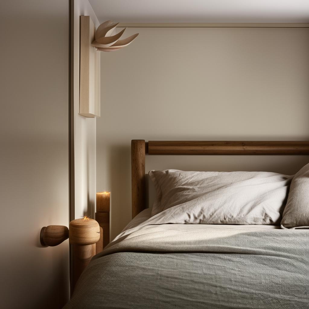 A cozy and well-lit bedroom with a comfortable looking bed, a wooden nightstand, and soft coloured wall decor