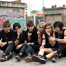 A group of teenagers wearing black clothing, sitting together in a relaxed urban setting, enjoying themselves while smoking