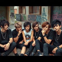A group of teenagers wearing black clothing, sitting together in a relaxed urban setting, enjoying themselves while smoking