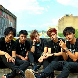 A group of teenagers wearing black clothing, sitting together in a relaxed urban setting, enjoying themselves while smoking