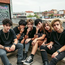 A group of teenagers wearing black clothing, sitting together in a relaxed urban setting, enjoying themselves while smoking