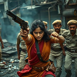 A dramatic and intense scene featuring Ashika Ranganath, portrayed as a fierce and determined Naxalite warrior, engaged in a conflict with policemen