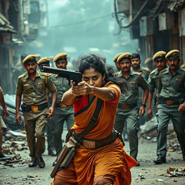 A dramatic and intense scene featuring Ashika Ranganath, portrayed as a fierce and determined Naxalite warrior, engaged in a conflict with policemen