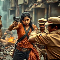 A dramatic and intense scene featuring Ashika Ranganath, portrayed as a fierce and determined Naxalite warrior, engaged in a conflict with policemen