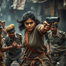 A dramatic and intense scene featuring Ashika Ranganath, portrayed as a fierce and determined Naxalite warrior, engaged in a conflict with policemen