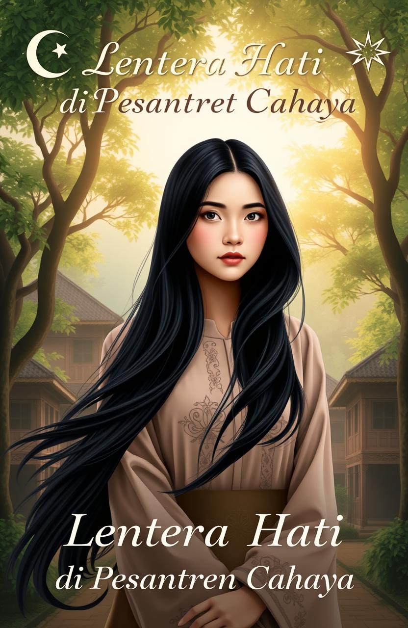 A captivating novel cover for 'Lentera Hati di Pesantren Cahaya' featuring a strong female character as the central figure
