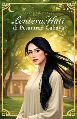 A captivating novel cover for 'Lentera Hati di Pesantren Cahaya' featuring a strong female character as the central figure