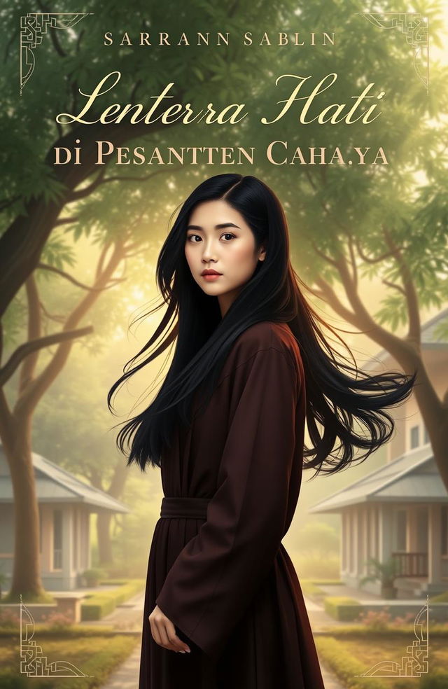 A captivating novel cover for 'Lentera Hati di Pesantren Cahaya' featuring a strong female character as the central figure