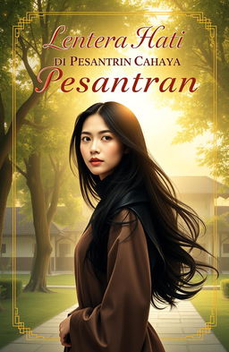 A captivating novel cover for 'Lentera Hati di Pesantren Cahaya' featuring a strong female character as the central figure