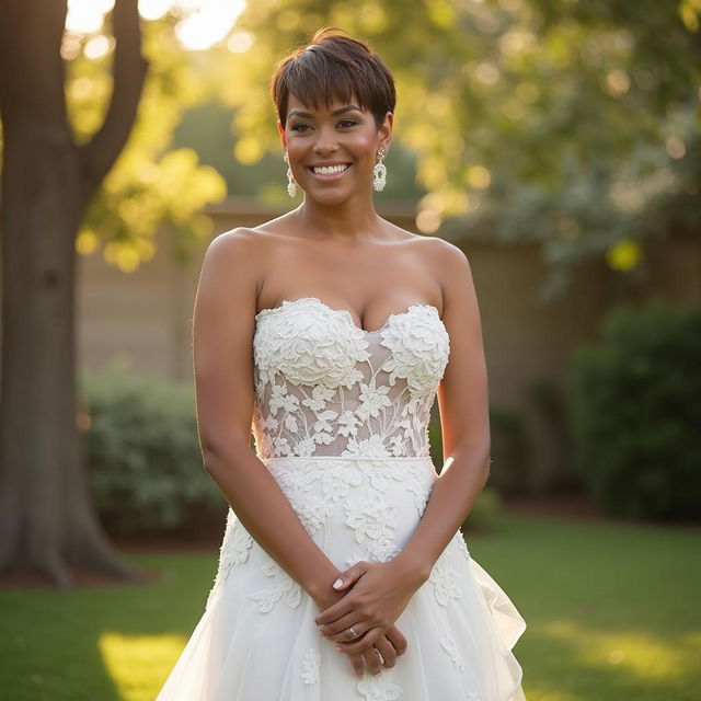 A beautiful busty woman wearing a stunning strapless white lace wedding dress, intricately designed with delicate floral patterns