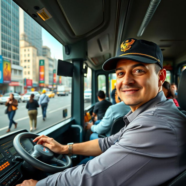 A focused and determined bus driver sitting in the driver's seat of a city bus, wearing a crisp uniform with a bus driver cap, steering the bus through a busy urban street