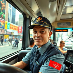 A focused and determined bus driver sitting in the driver's seat of a city bus, wearing a crisp uniform with a bus driver cap, steering the bus through a busy urban street
