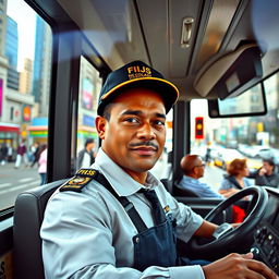 A focused and determined bus driver sitting in the driver's seat of a city bus, wearing a crisp uniform with a bus driver cap, steering the bus through a busy urban street