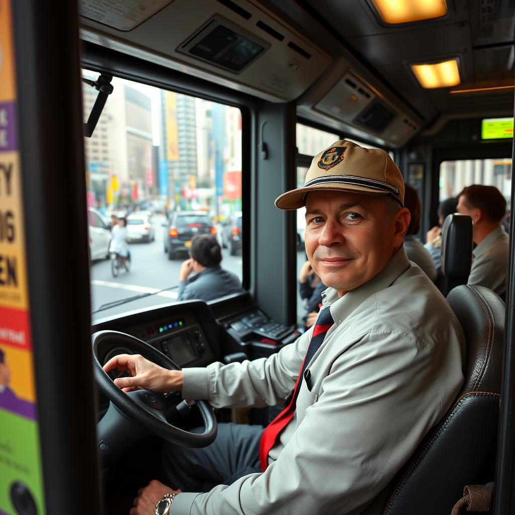 A focused and determined bus driver sitting in the driver's seat of a city bus, wearing a crisp uniform with a bus driver cap, steering the bus through a busy urban street