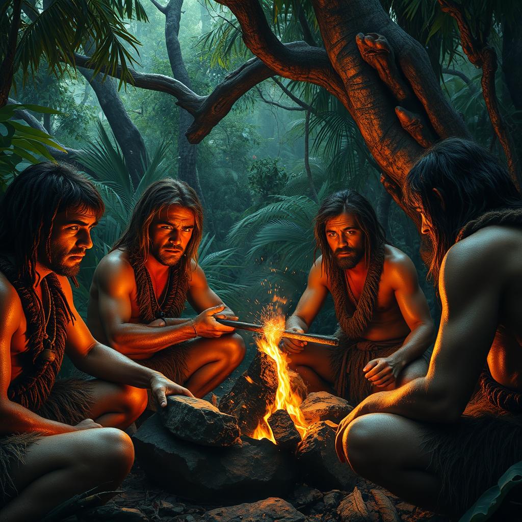 A dense prehistoric jungle teeming with lush greenery and ancient trees
