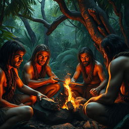 A dense prehistoric jungle teeming with lush greenery and ancient trees
