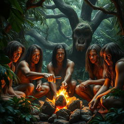 A dense prehistoric jungle teeming with lush greenery and ancient trees