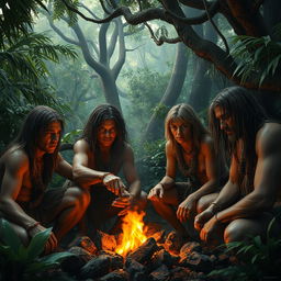 A dense prehistoric jungle teeming with lush greenery and ancient trees