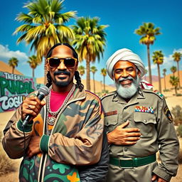 A surreal scene featuring Snoop Dogg and Saddam Hussein in an imaginative, vibrant setting