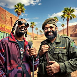 A surreal scene featuring Snoop Dogg and Saddam Hussein in an imaginative, vibrant setting