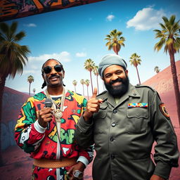 A surreal scene featuring Snoop Dogg and Saddam Hussein in an imaginative, vibrant setting