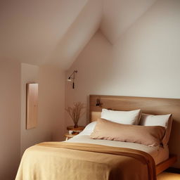 A cozy and well-lit bedroom with a comfortable looking bed, a wooden nightstand, and soft coloured wall decor