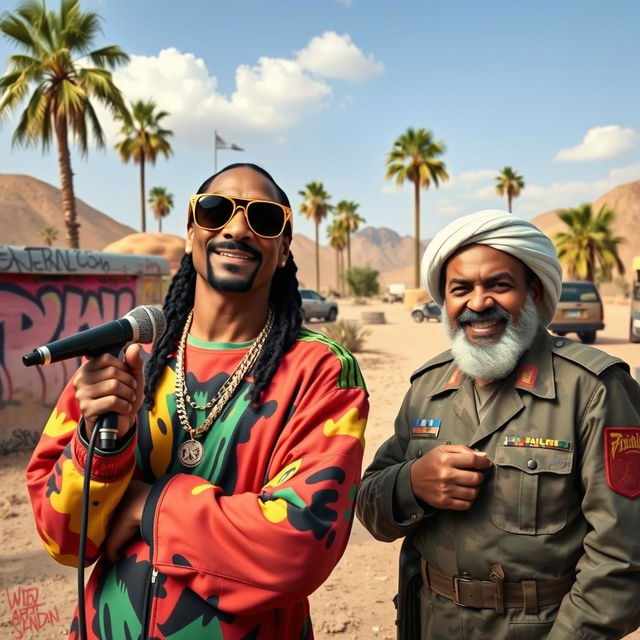 A surreal scene featuring Snoop Dogg and Saddam Hussein in an imaginative, vibrant setting