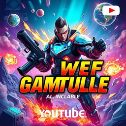 An exciting and dynamic gaming cover for a YouTube channel featuring a fierce and powerful gaming character, dressed in futuristic armor with neon accents